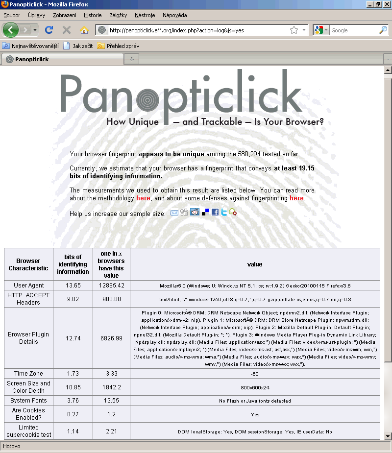 Screenshot výsledků služby Panopticlick pro Firefox 3.6 cz