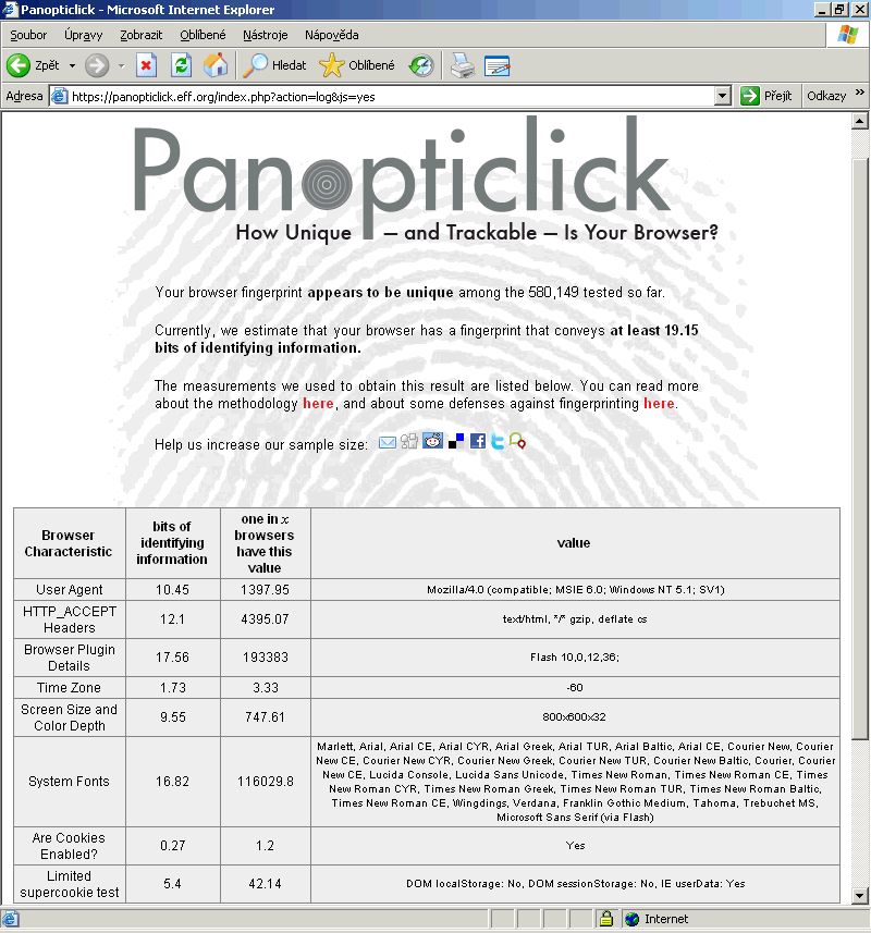 Screenshot výsledků služby Panopticlick pro Internet Explorer 6