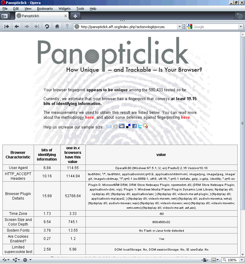 Screenshot výsledků služby Panopticlick pro Opera 10.10 en