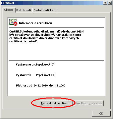 Instalace certifikátu - krok 1