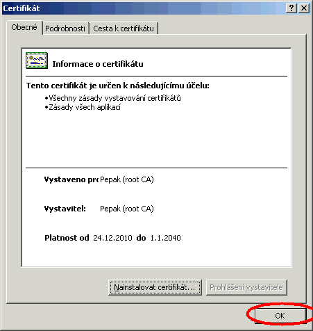 Instalace certifikátu - krok 6