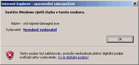 Windows XP: spuštění podepsané aplikace, jejíž integrita byla narušena