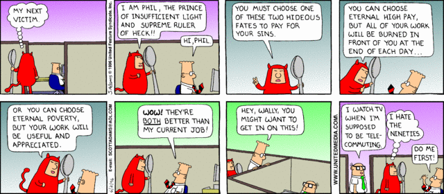 Dilbertův strip z 2.6.1996 - pekelný trest za inženýrské hříchy