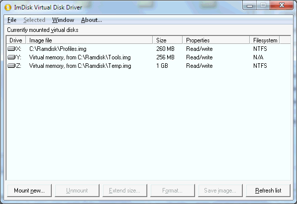 ImDisk - ovládací panel